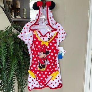 Brand New Disney Minnie Mouse Polka Dot Bathing Swimsuit Matching Coverup UPF50+